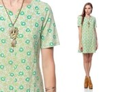 Flower Power Dress 60s Cotton Mini Shift Green Floral Hippie Printed Mod 1960s Vintage Raglan Sleeve Tunic Simple Sixties MiniDress Medium
