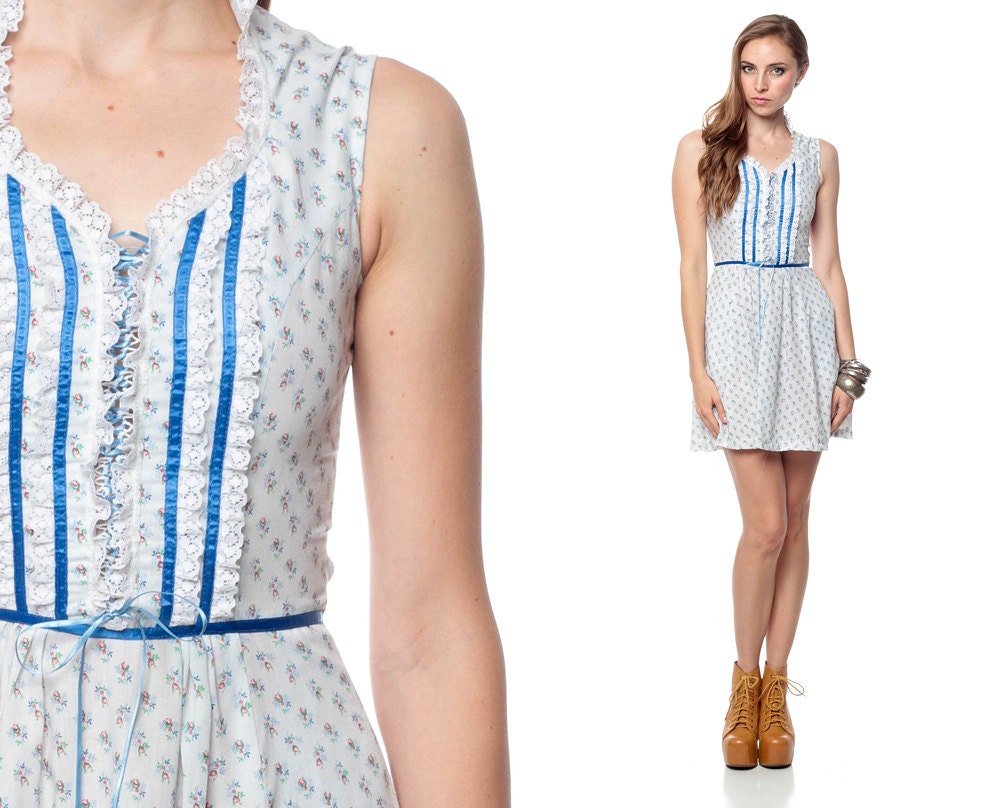Prairie Dress 70s Mini Lace Up Ruffle Floral Sun White Blue Ribbon COTTON 1970s Sundress Boho Hippie Summer Bohemian Vintage Extra Small XS