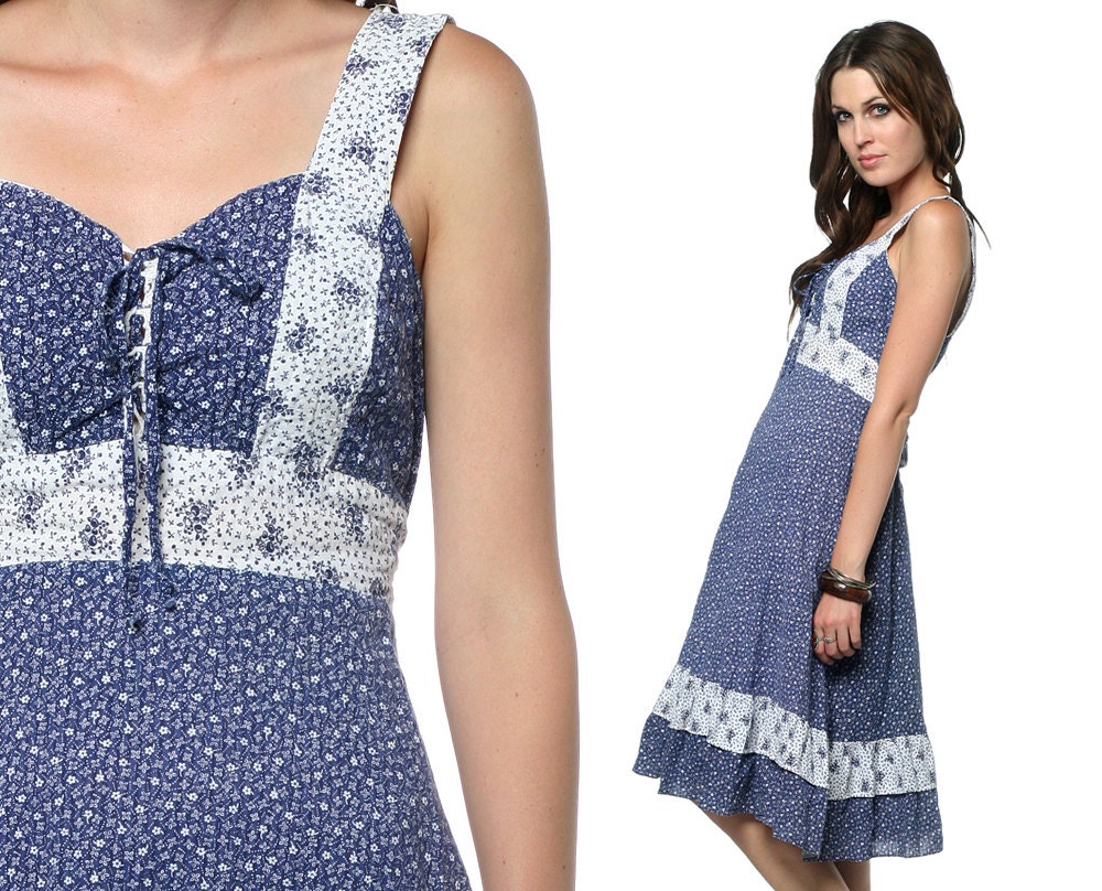 70s Prairie Dress Lace Up Blue Floral 1970s Bohemian Calico Print Corset Hippie Boho Midi Cotton Vintage Ruffle Empire Dress Medium M