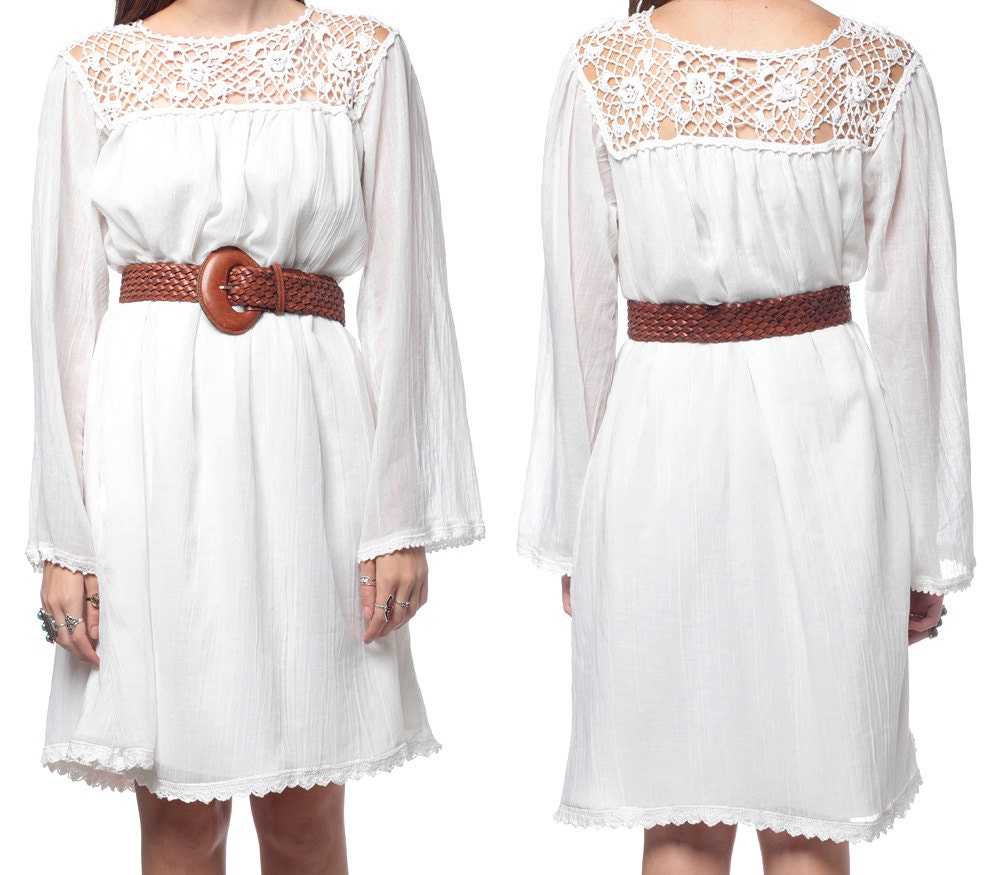 70s Gauze Dress Crochet Tunic Hippie Boho White Cotton 1970s Mini Bohemian Angel Sleeve Vintage Tent Dress Small Medium Extra Large XL