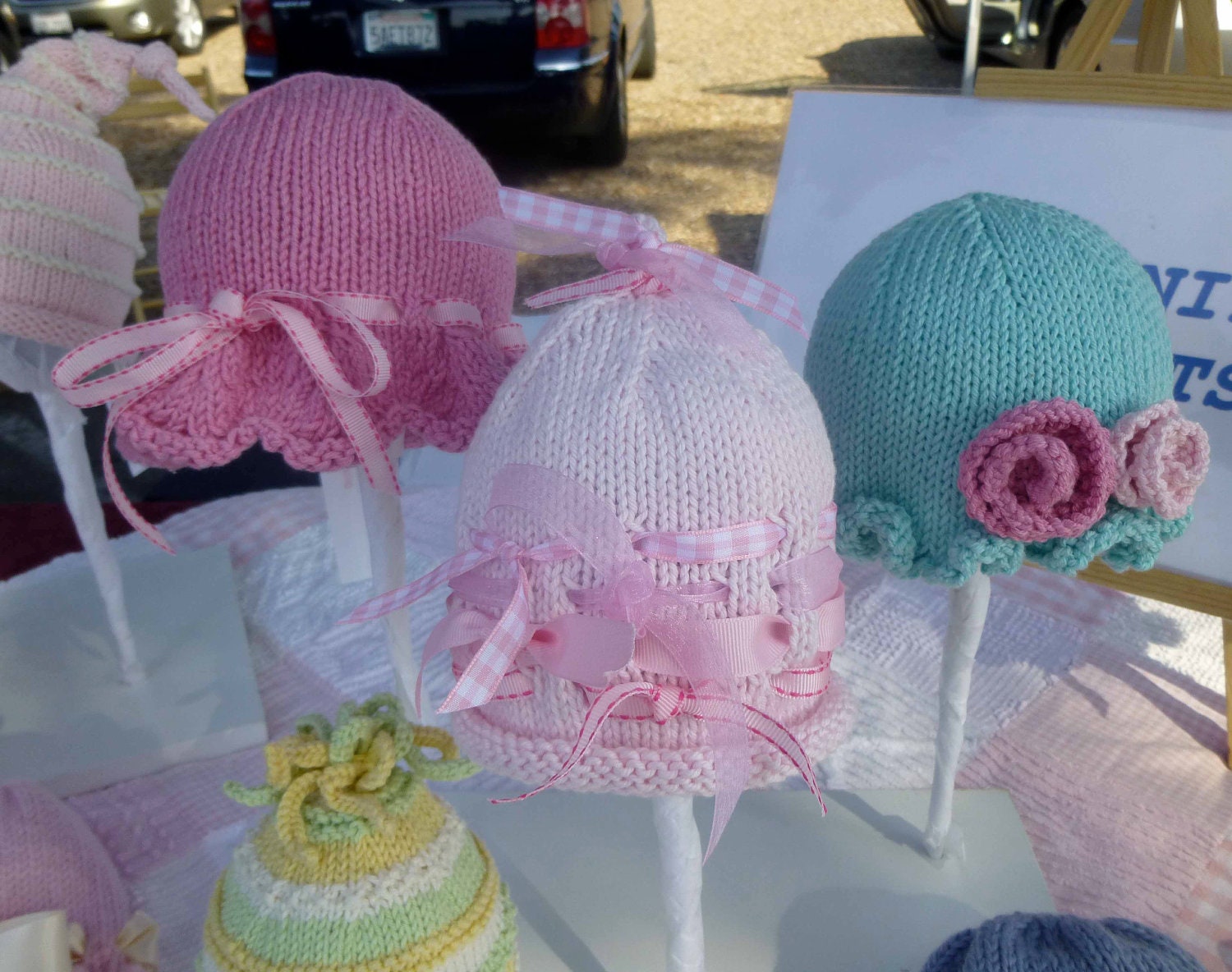 Adorable Hand Knit Baby Hat Ruffled Brim Flower Trim
