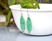 Green Onyx Leaf Sterling Silver Earrings - Wire Wrapped - Hand Forged - Hammered - Faceted Rondelles - Summer