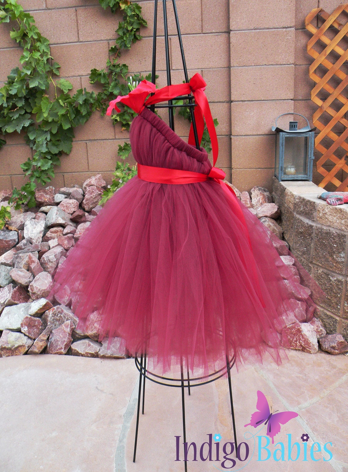 Tutu Dress, Flower Girl Dress, Burgundy Tulle, Red Satin Ribbon, Red Lily, Fabric Flower, Portrait Dress, Wedding Flower Girl Dress