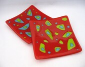 Two Sushi Dishes - Tomato Twins, dish set, festive glass plates, red lime turquoise, modern home decor, holiday - cjyummies