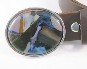Stone Soup belt, art glass belt buckle in autumn colors, removable leather belt, RESERVED