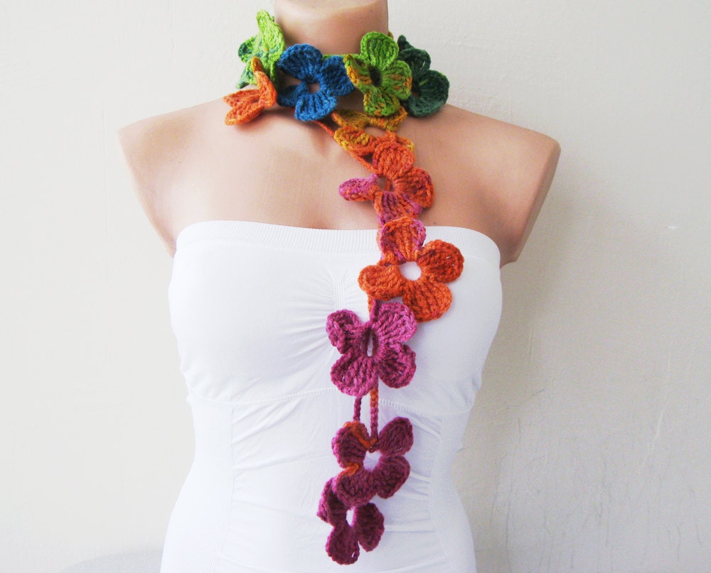 Flower Scarf Rainbow Hand Crochet Lariat Scarf