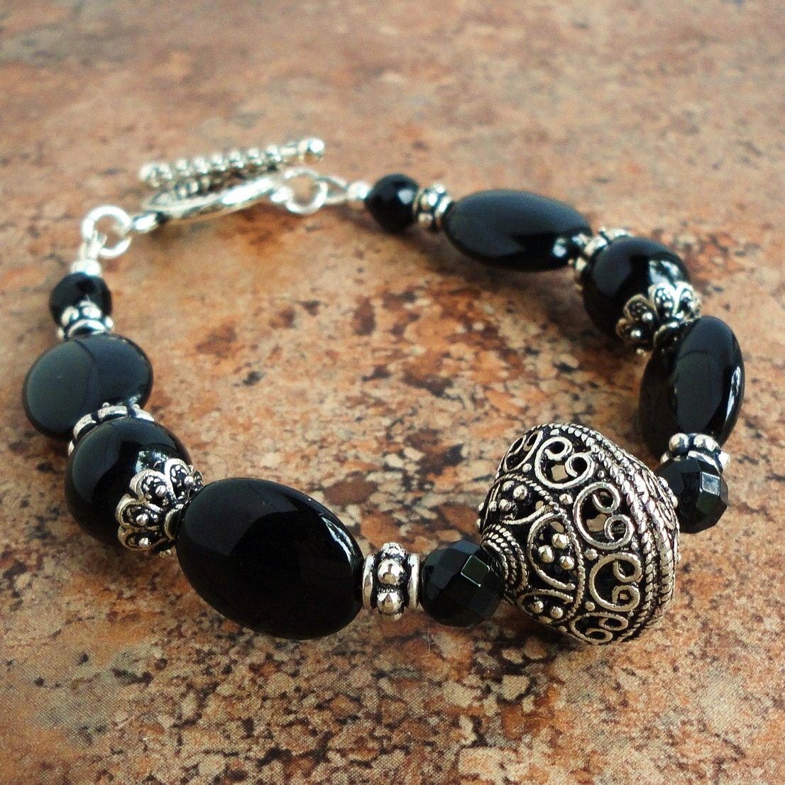 Black Onyx Bracelet, Artisan Metal, Handmade Gemstone Jewelry by Mami