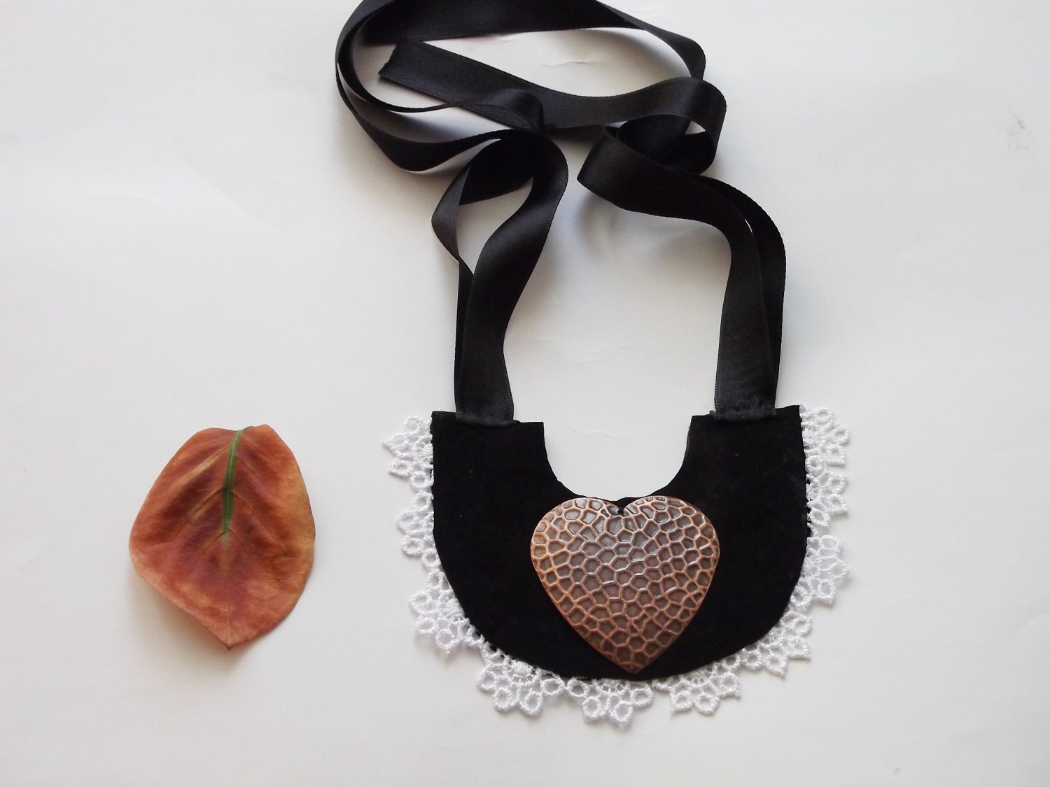 Big Heart - Bib Style Collar Necklace - Genuine Soft Black Leather And White Lace Side - Black Large Satin Ribbon