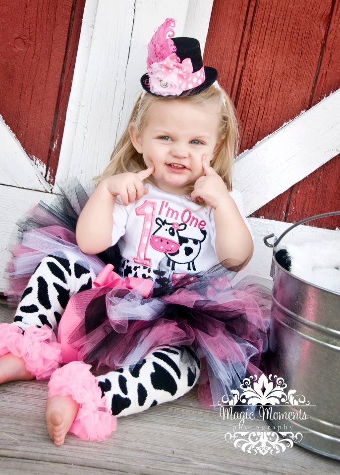 First Birthday Girl Bodysuit, Cow, Farm, Pink and Black