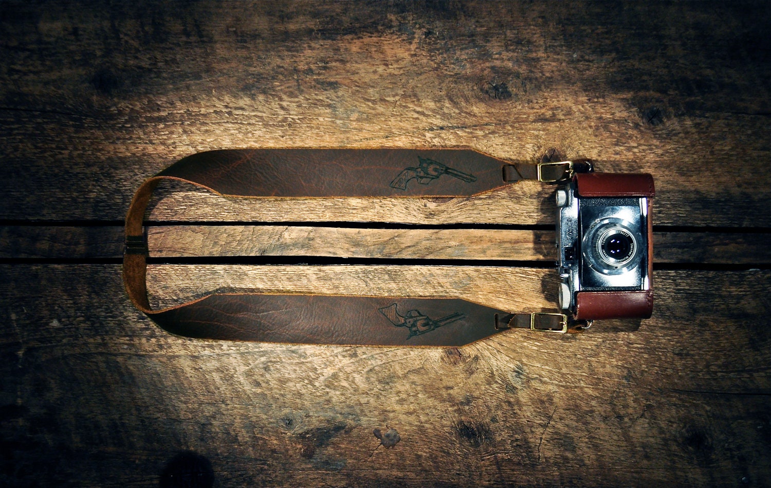 Handcrafted CAMERA STRAP - Brown distressed cowhide - Etched Pistols - Made To Order