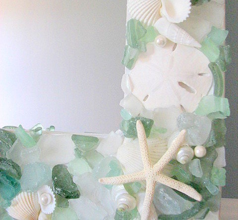 Beach Decor Seashell Mirror - Nautical Sea Glass Shell Mirror w White Starfish & Pearls - Green
