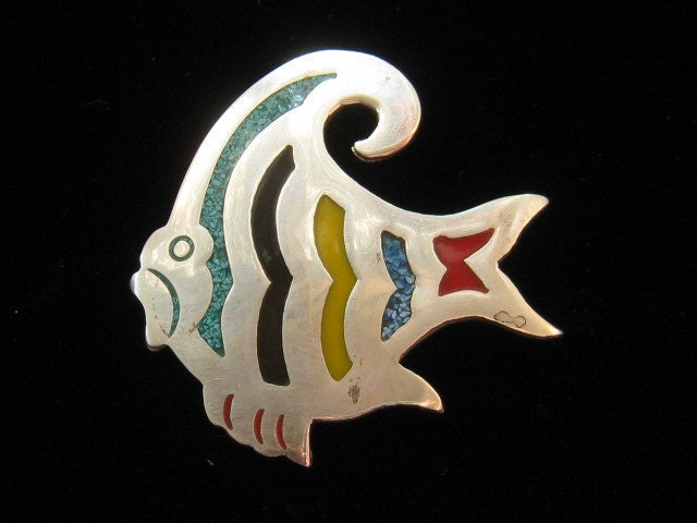 Vintage Mexican Sterling Silver Taxco  Stone Fish Pin 16 Grams