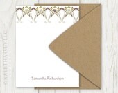 Vintage Scroll Heart Personalized Stationery - Flat Note Cards - Leaf Green, Purple, Choose Your Color (Set of 10)