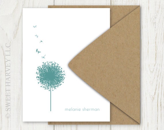 Dandelion Wish Personalized Stationery - Flat Note Cards - Make A Wish, Aqua Blue, Turquoise, Choose Your Color (Set of 10)