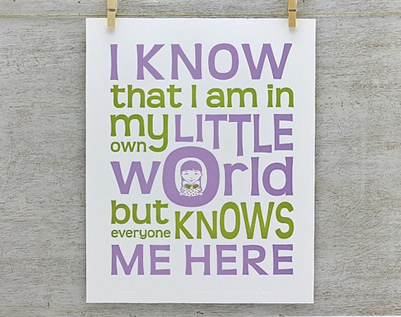 My Own World: Letterpress Nursery Decor - Typography Art Print, Wall Art, Purple Green (PEW3)