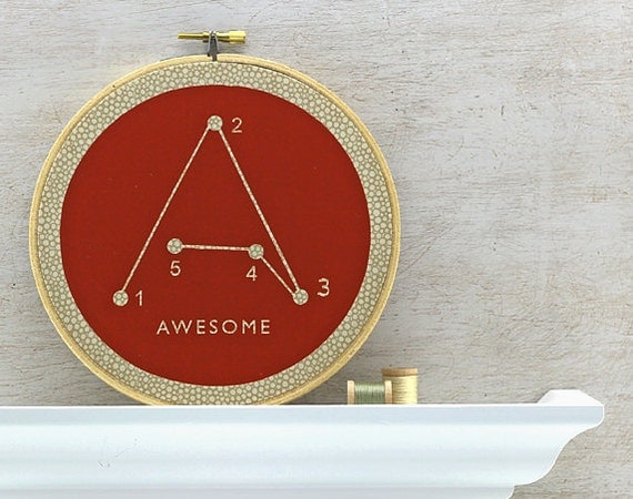 Awesome Typography Embroidery Hoop Art - Connect the Dots, Alphabet Puzzle, Geometric Screenprint - Red, Tan, Beige, Khaki (HAW1)