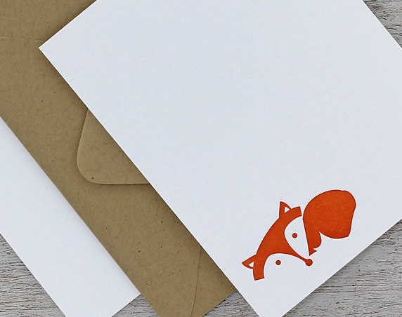 Fox Note Card Set - Fox Letterpress Stationery Set - Laying Fox, Autumn, Fall, Red, Rust Orange - 10 pack (NLF1)