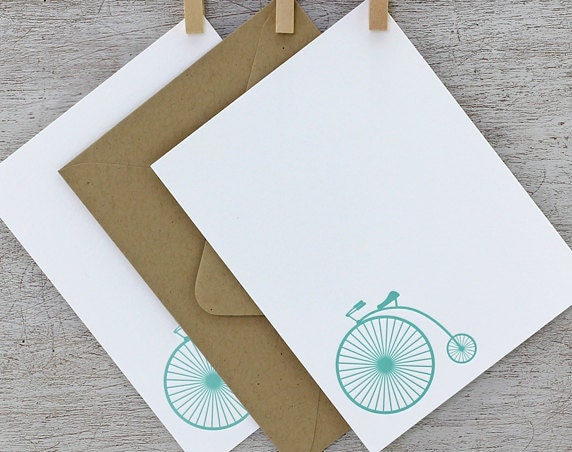 Vintage Bicycle Letterpress Note Card Set, Penny Farthing Bike - Fathers Day, Aqua Blue - 10 pack (NVB4)