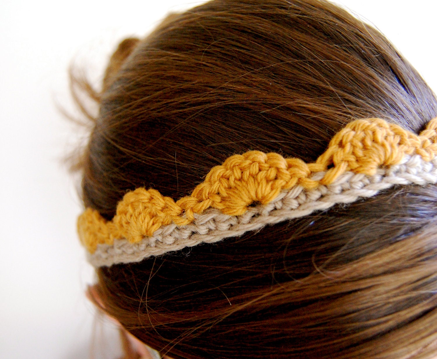 Crocheted Scalloped Headband, Mustard Yellow and Gray Wool