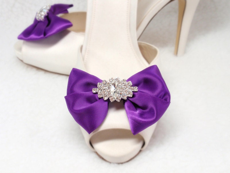Sparkly Rhinestone Crystal Clear Wedding Shoe clips Purple satin ribbon Bow  Shoe clips- for weddings