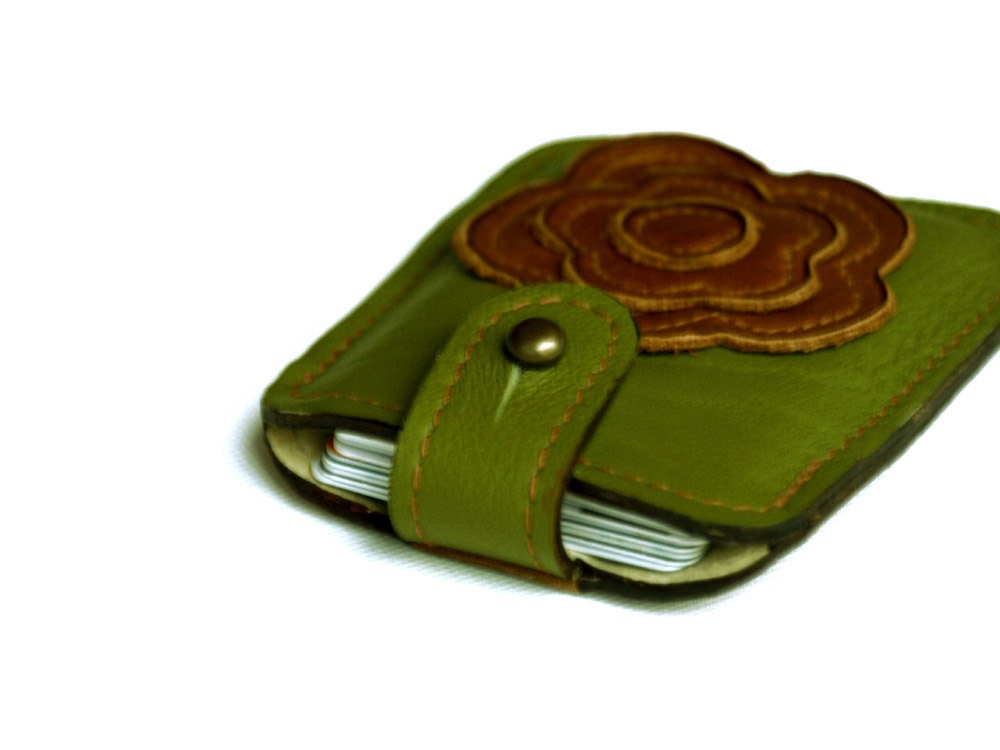 Rustic Card Case, Tiny Wallet, Credit Card Case, Leather Cash Wallet, Cash Pocket Wallet, Woodland Fairy tal, Moss Green Flower - June