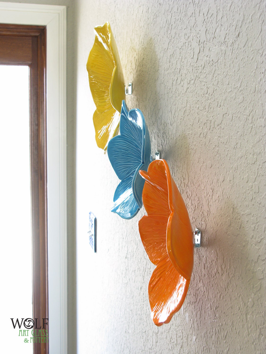 Ceramic Wall Art Bright Yellow, Orange and Turquoise Poppy Flower Trio, Children Decor, Nursery Decor, Kid Decor