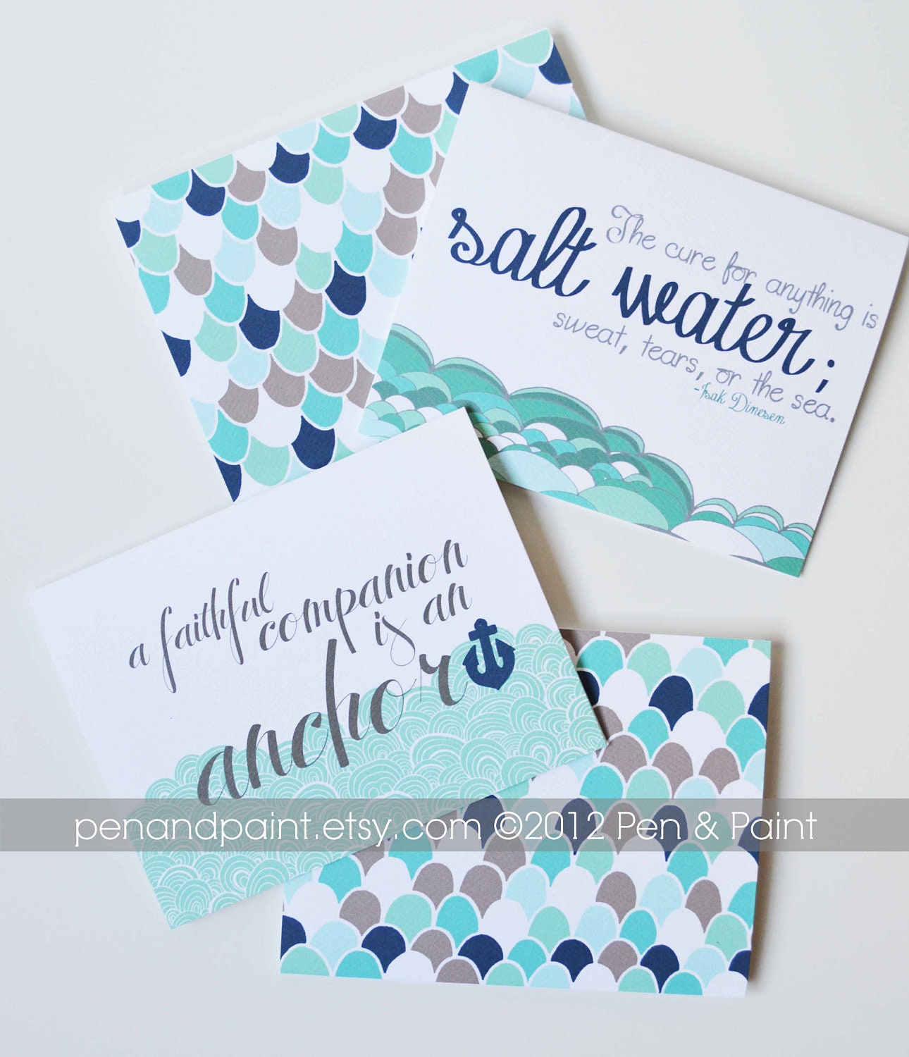 Navy, Mint, Seafoam, Inspirational quote, Anchor, Waves, Scallops, Set of Four Folded Note Cards, Stationery, Illustration, Sea, Ocean