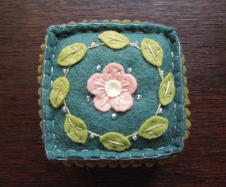 Embroidered Teal Green and Pink Wool Felt Pincushion