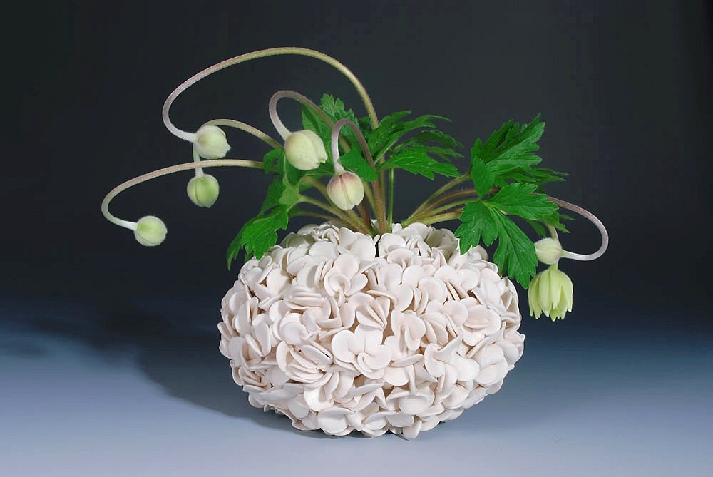 White Ceramic Art Vase - Decorative - Hydrangea Flower - Texture - Sculpture - Contemporary - Modern Medium size
