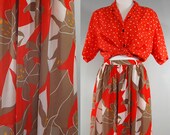 80's Sheer Fiery Flowers Midi Skirt, M