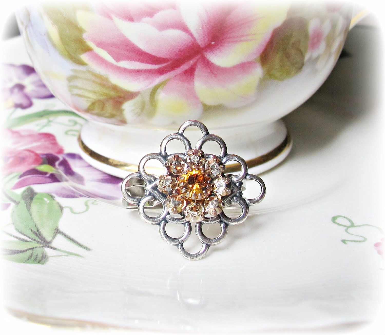 Ring, Ines, Topaz Brown Peach Crystals, Filigree, Jewellery by dspdavey on Etsy