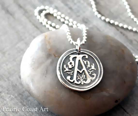 Personalized Silver Wax Seal Initial Necklace - Ornate Fine Silver Custom Initial Charm with Sterling Silver Ball Chain