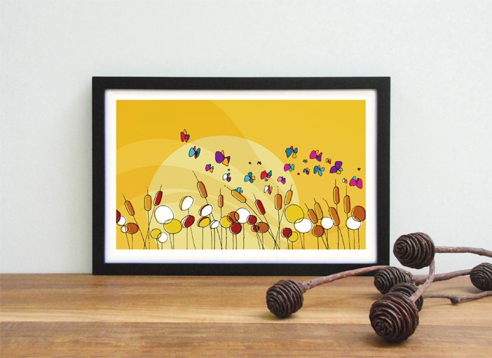 butterflies and cattails, yellow nursery illustration art print