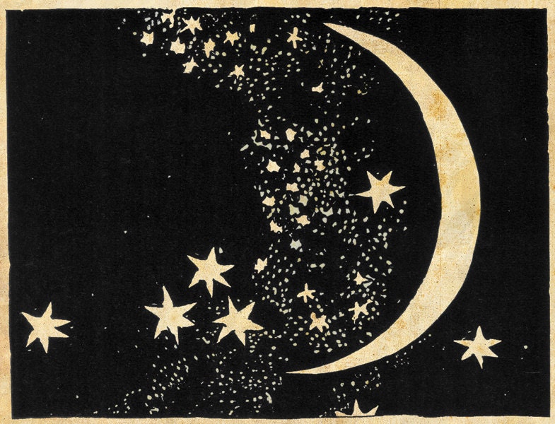 Moon and Stars Art Print - Elegant Paper Cut - Night Sky - Black and White Sepia - Natural History Illustration - Outer Space Art