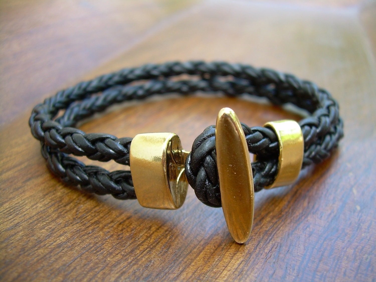 Natural Black Braided Leather Bracelet with 14K Gold Plated Toggle Clasp - RPB12 Urban Survival Gear USA