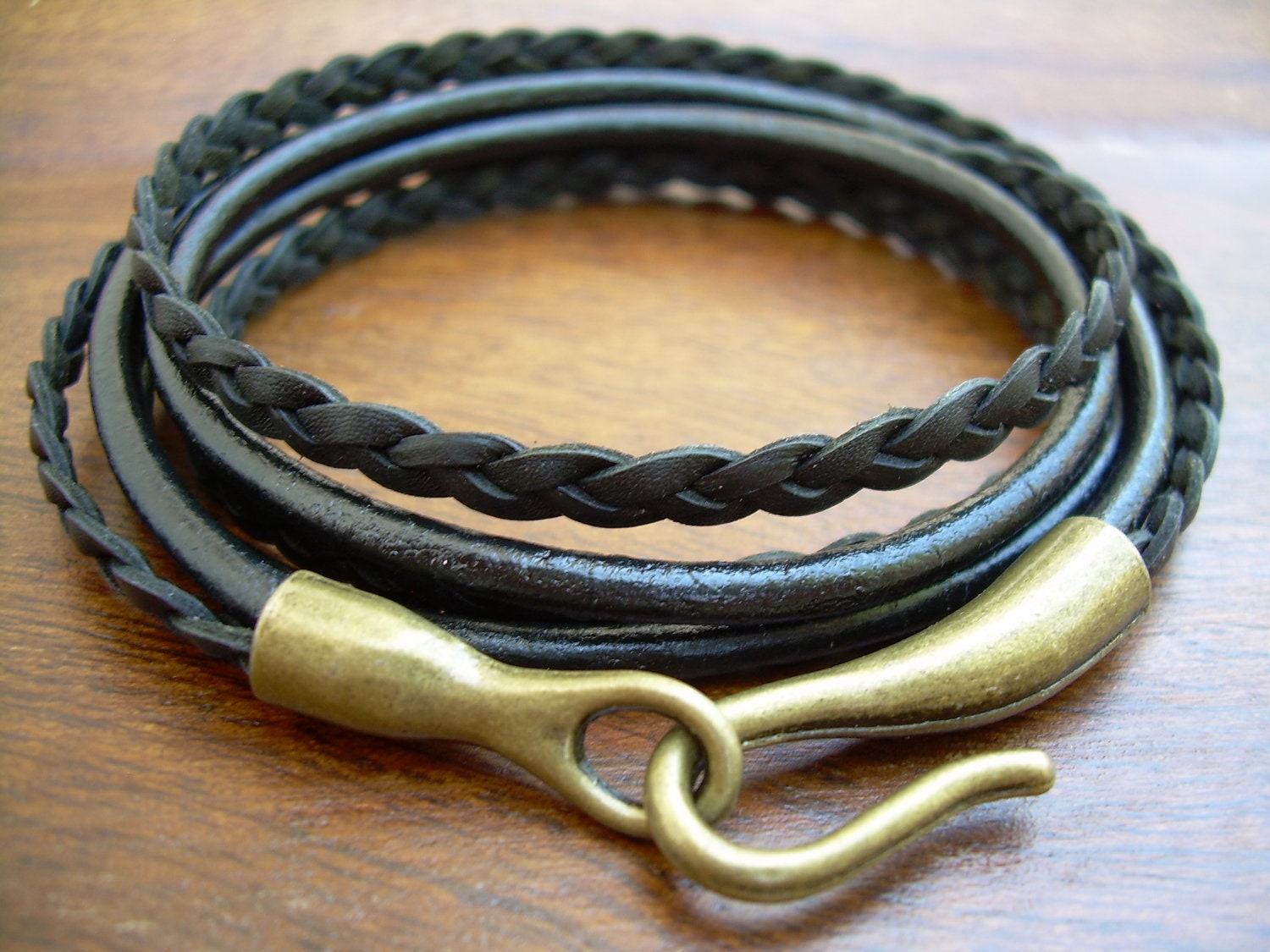 Leather Bracelet , Triple Wrap, Black, Antique Bronze, Hook Clasp, Mens Bracelet, Womens Bracelet