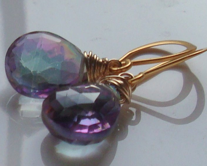 Dangle Earrings Rainbow Mystic Topaz Earrings, Rainbow Mystic Topaz Gold Filled Wire Wrapped Earrings
