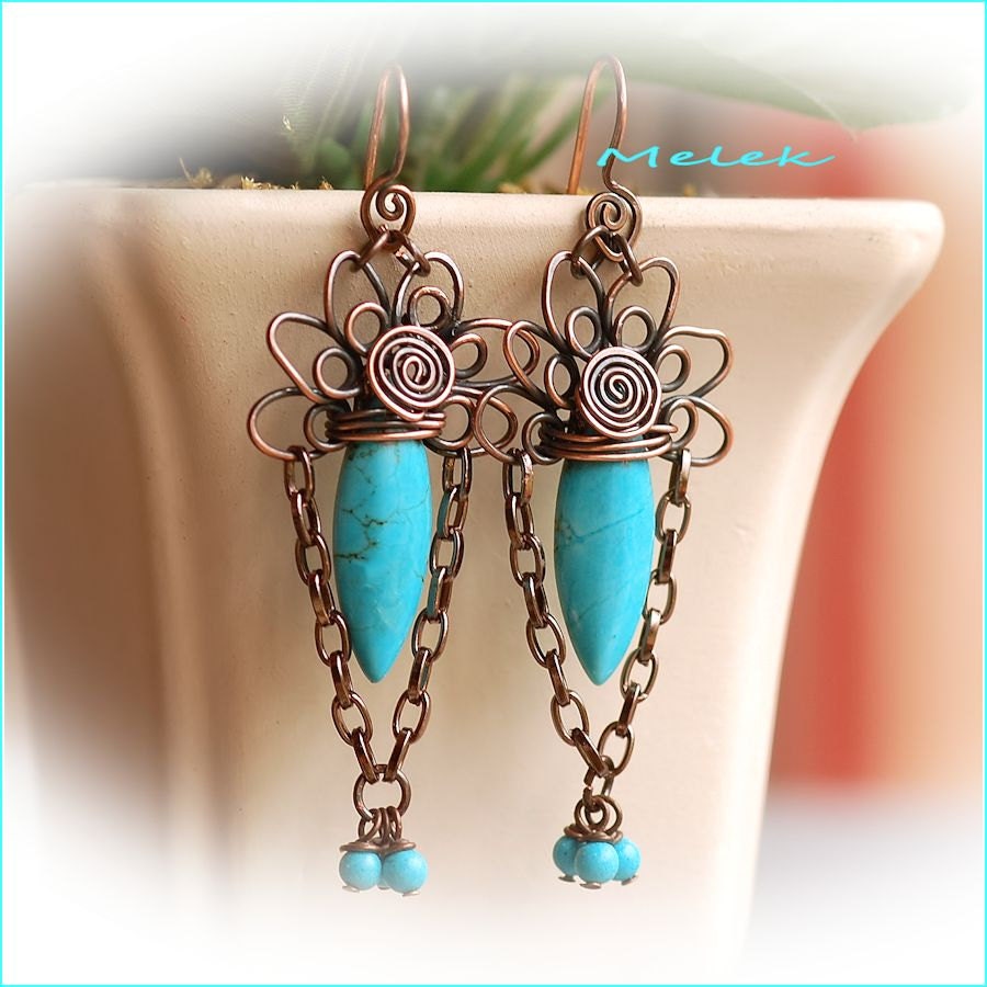Flower Burst Copper and Turquoise Earrings