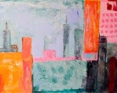 Original Painting Abstract Cityscape 40x26 Modern wall Art MADE TO ORDER canvas original textured palette Knife, pink  turquoise gray orange