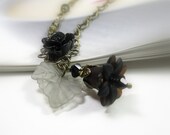 Black, Flower Necklace, Resin Floral Cabochon, Swarovski Crystal, Vintage Style Jewelry, Goth, Sexy, Feminine, Gifts for Women