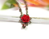 Vintage Style Pendant Necklace, Crimson, Red, Swarovski, Lucite Cabochon, Feminine Jewelry, Primary Color, Womens Accessories, Poppy Red