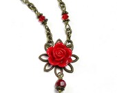 Rose Red Vintage Style Swarovski and Lucite Pendant Necklace