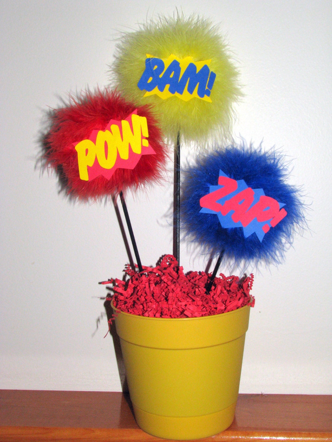 Superhero explosion centerpiece, POW BAM ZAP marabou feather puff topiary centerpiece, can also be made in other colors Il_570xn