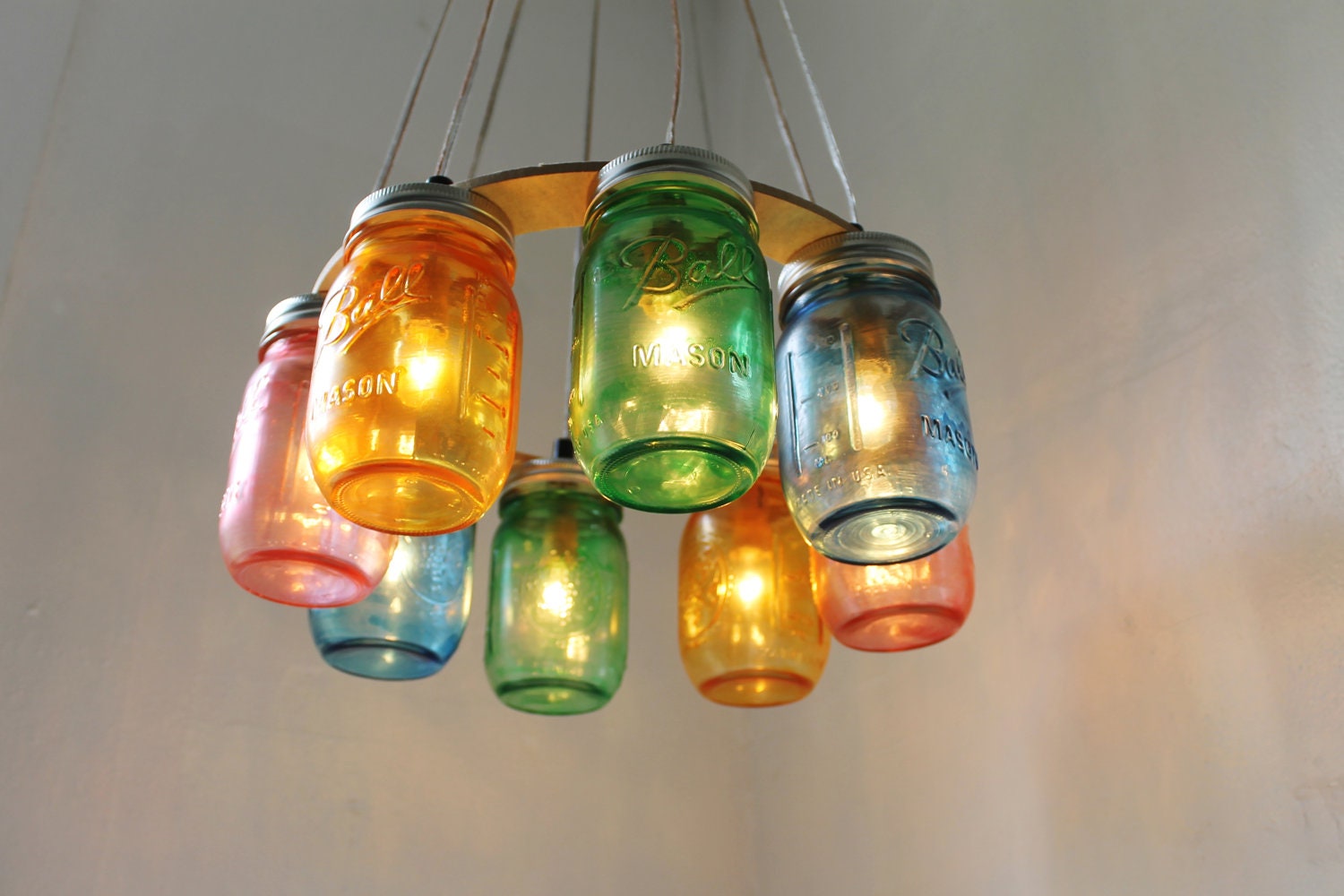 COLOR BURST Mason Jar Chandelier - Upcycled Hanging Mason Jar Lighting Fixture Direct Hardwire - BootsNGus Lamps Rustic Home Decor