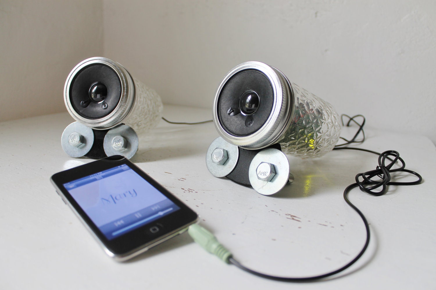 Mason Jar Speakers - Unique UpCycled Crystal Pattern Computer - Game Consoles - iPhone - IPOD - MP3 - Amplified Speaker Set - Handmade Bases