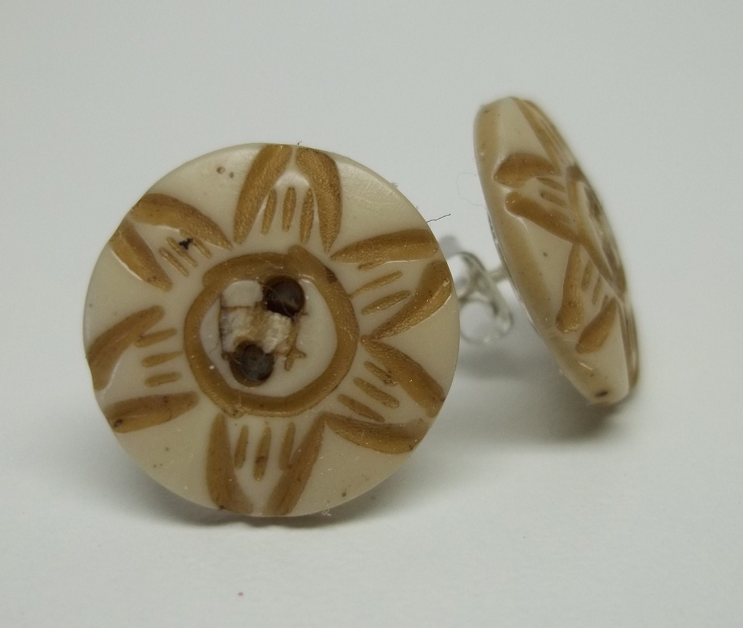 Upcycled OOAK beige tribal ear post earrings eco friendly unisex