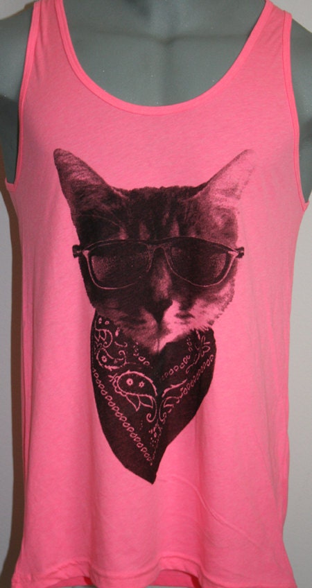 The Bandit Kitty Cat Tank Top American Apparel Neon Pink Men's (Unisex)  XS  S    M   L   or   XL