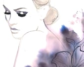 Print from original watercolor, charcoal and pen fashion illustration by Jessica Durrant titled Evening Rapture