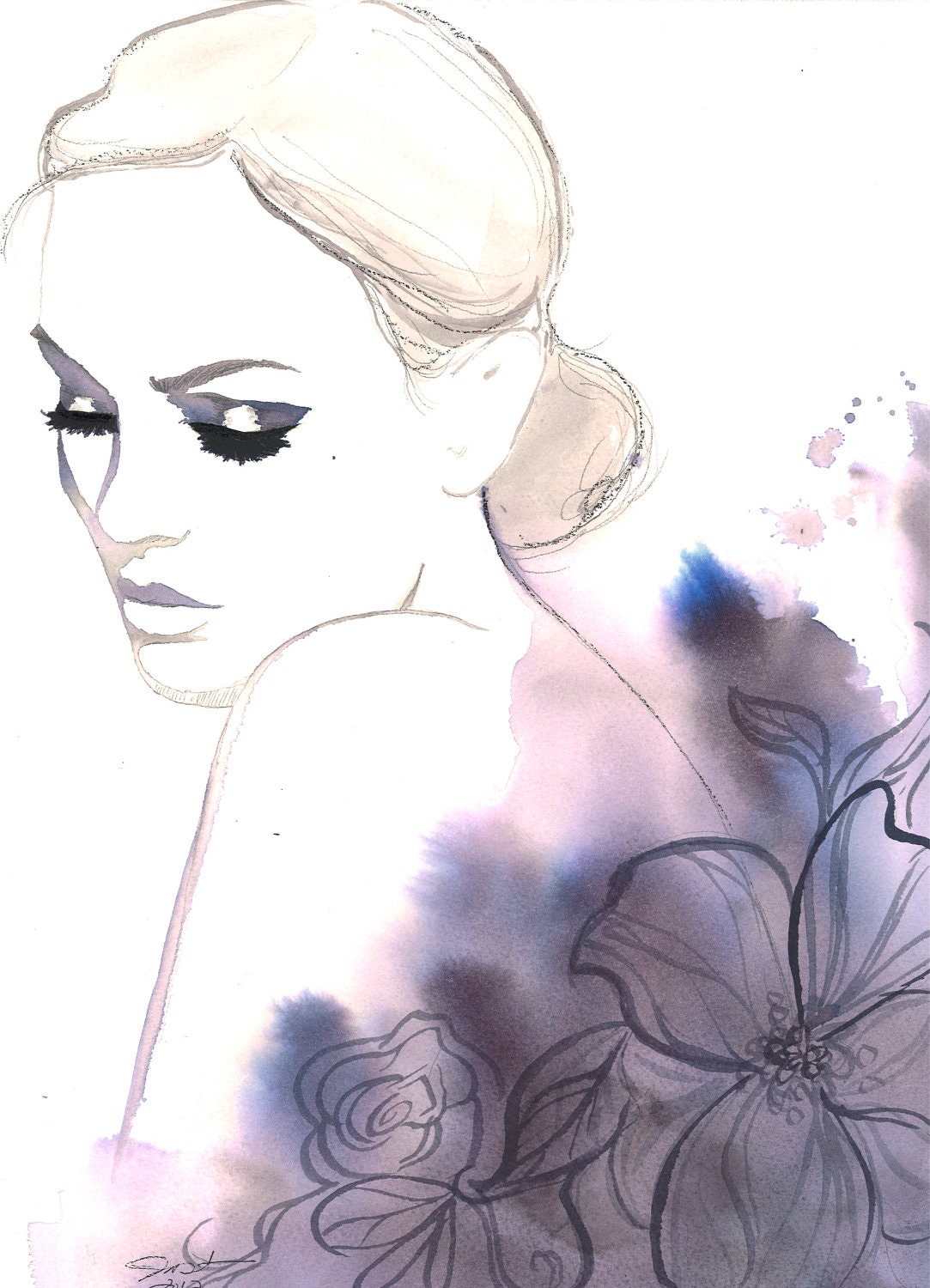 Print from original watercolor, charcoal and pen fashion illustration by Jessica Durrant titled Evening Rapture
