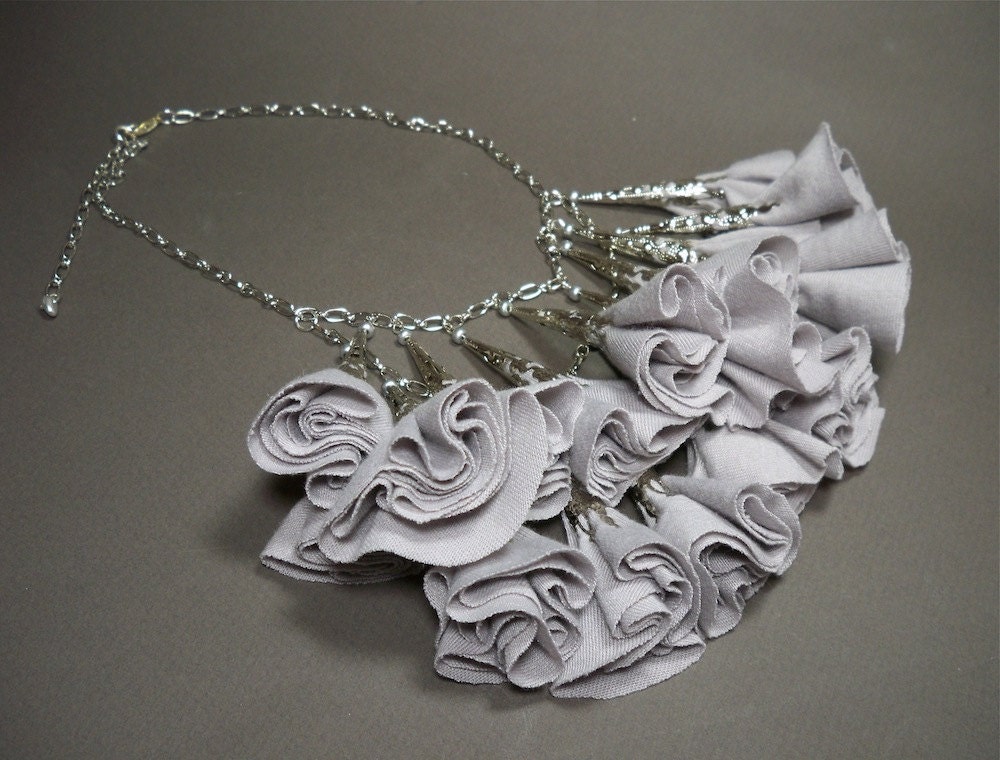 Madeline Pale Gray Fabric Flower and Silver Necklace